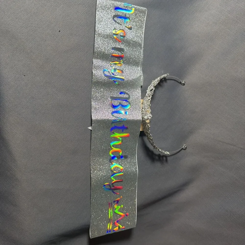 glittery silver birthday sash and rhinestone tiara party celebration set -S